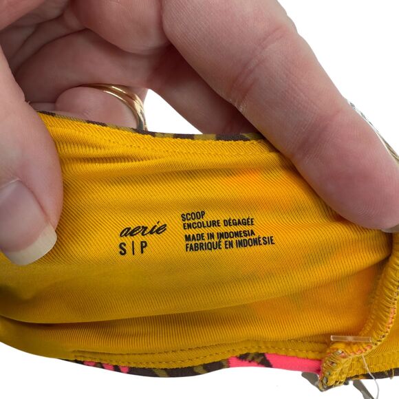 Aerie Bikini Top SMALL Scoop Retro Tropical Botanical Floral Green Pink Padded - Picture 9 of 12